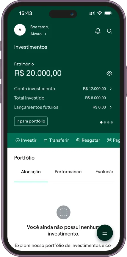 Aplicativo EQI Investimentos exibido em um smartphone