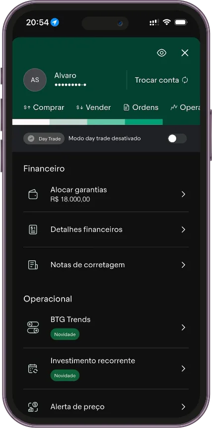 Aplicativo EQI Trader exibido em um smartphone
